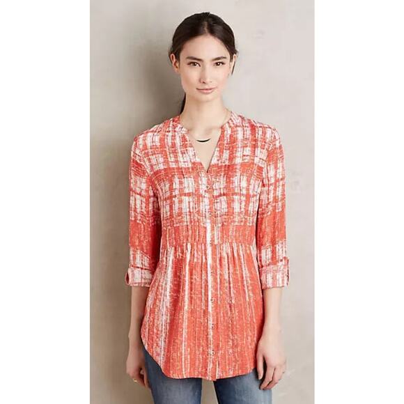 Anthropologie Maeve Orange White Calia Tunic Button Down Top Women's Size 8 - Picture 1 of 9